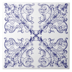 Carreau Motif de coquillages Rococo Baroque Bleu & Blanc