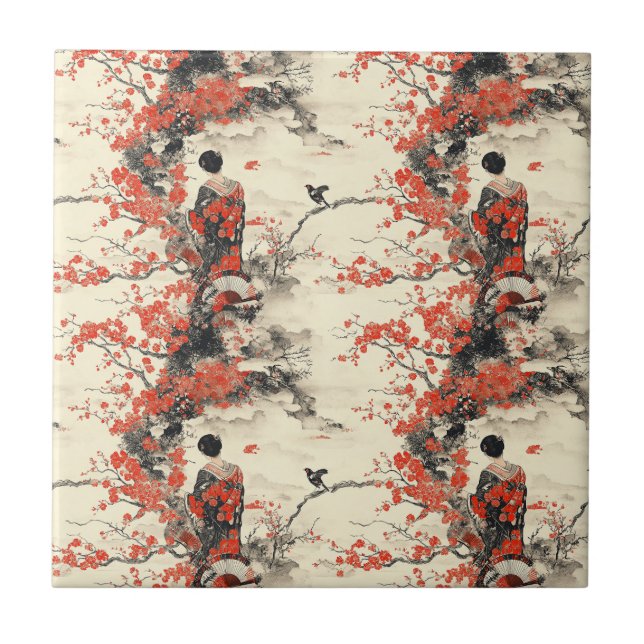 Carreau Motif de couple de kimono romantique Sakura (2) (Devant)