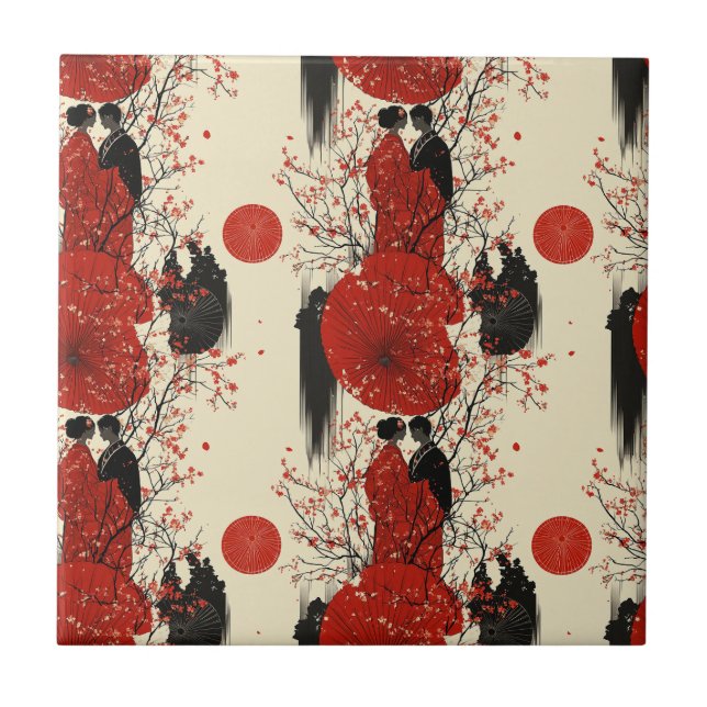 Carreau Motif de couple de kimono romantique Sakura (4) (Devant)