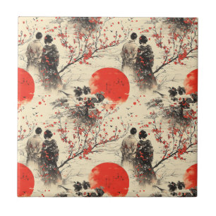 Carreau Motif de couple en kimono Sakura romantique (3)