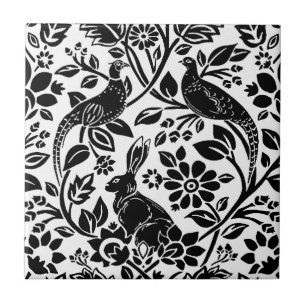 Carreau Motif de faisan et lièvre, blanc et noir
