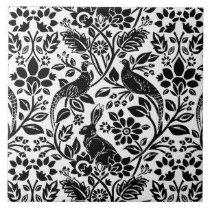 Carreau Motif de faisan et lièvre, blanc et noir