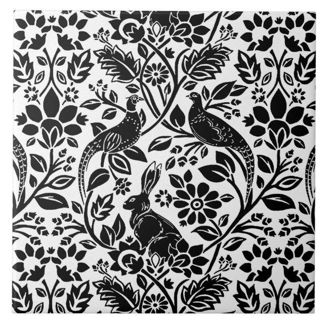 Carreau Motif de faisan et lièvre, blanc et noir (Devant)