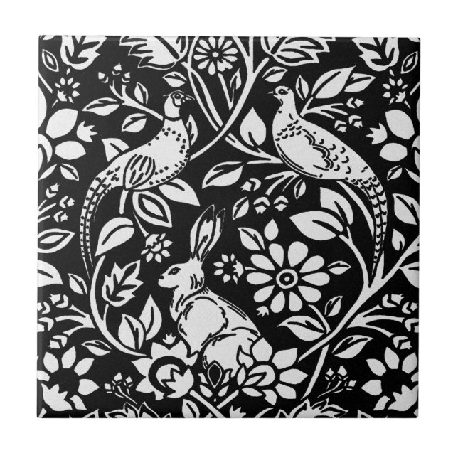 Carreau Motif de faisan et lièvre, blanc sur noir  (Devant)