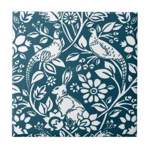 Carreau Motif de faisan et lièvre, bleu et blanc d'Indigo