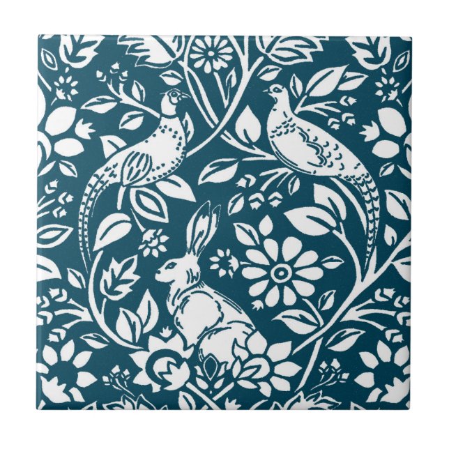 Carreau Motif de faisan et lièvre, bleu et blanc d'Indigo (Devant)