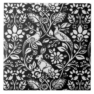 Carreau Motif de faisan et lièvre en noir et blanc