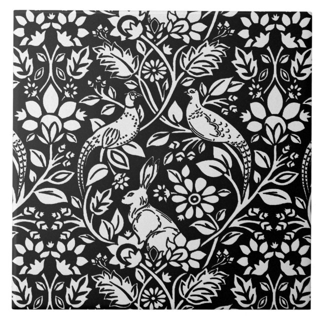 Carreau Motif de faisan et lièvre en noir et blanc (Devant)