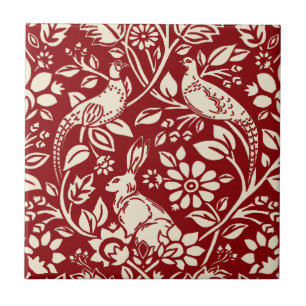 Carreau Motif de faisan et lièvre, rouge profond et crèm