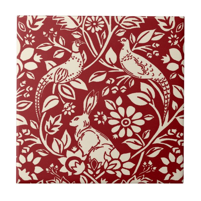 Carreau Motif de faisan et lièvre, rouge profond et crème (Devant)
