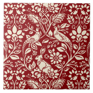 Carreau Motif de faisan et lièvre, rouge profond et crème