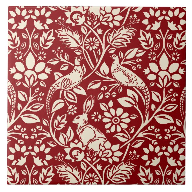 Carreau Motif de faisan et lièvre, rouge profond et crème (Devant)
