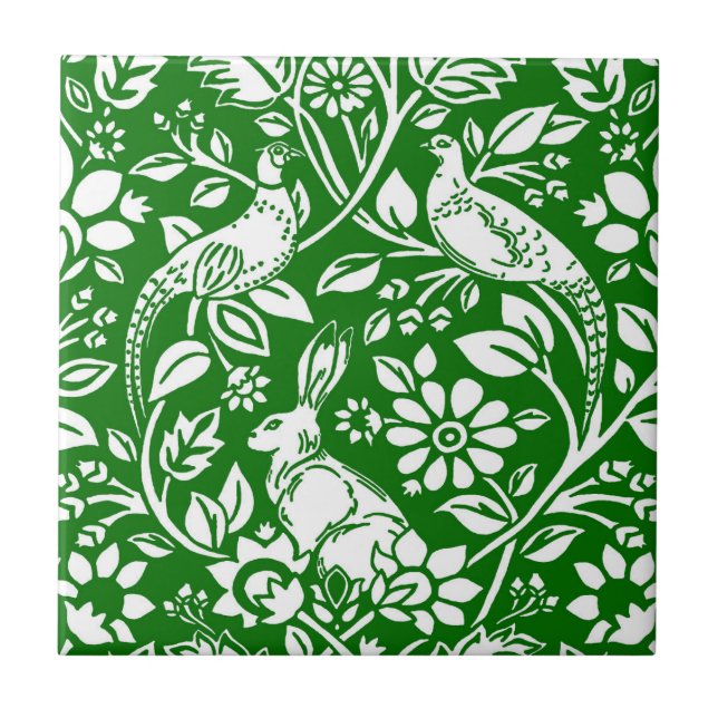 Carreau Motif de faisan et lièvre, vert émeraude et blanc (Devant)