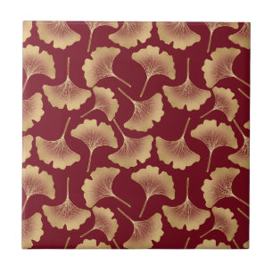 Carreau Motif de feuille de ginkgo doré en bordeaux pour l
