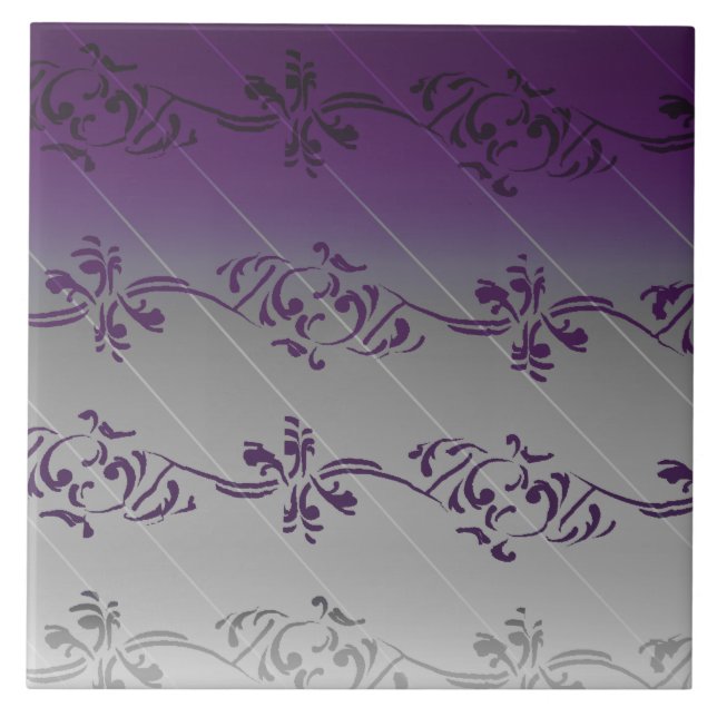 Carreau Motif de feuille florale rayée de gris mauve (Devant)