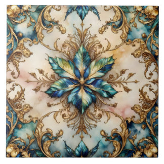 Carreau Motif de feuilles bleues, vertes et dorées