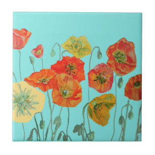 Carreau Motif de fleur de pavot rouge orange aquarelle