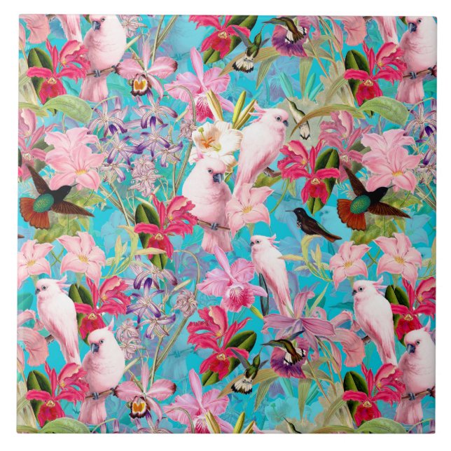 Carreau Motif De Fleur D'Oiseau Et D'Orchidées Rose Tropic (Devant)