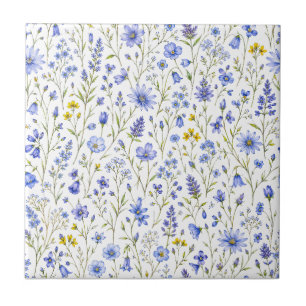 Carreau Motif de fleur sauvage aquarelle bleu jaune vert