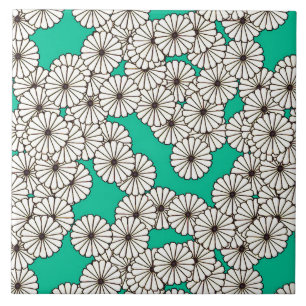 Carreau Motif de fleurs Art déco - blanc sur turquoise
