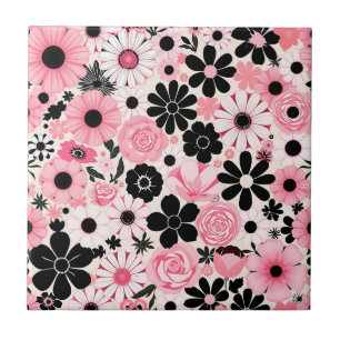 Carreau Motif de fleurs botaniques roses et noires rétro