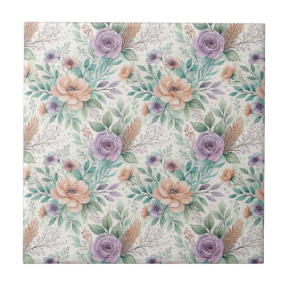 Carreau Motif de fleurs de lavande et de pêche à l'aquarel