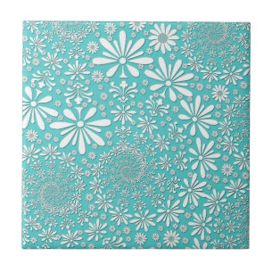 Carreau Motif de fleurs printanières Aqua sarcelle et blan
