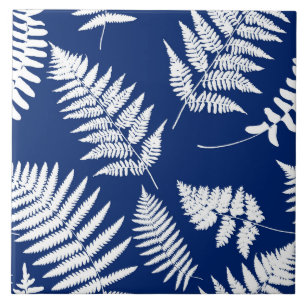 Carreau Motif de fougères de bois, bleu de cobalt et blan
