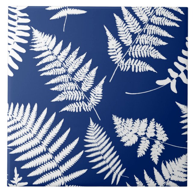 Carreau Motif de fougères de bois, bleu de cobalt et blanc (Devant)