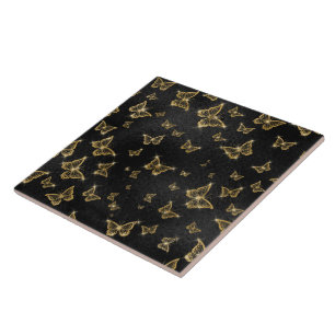 Carreau Motif de glam or et papillons noirs