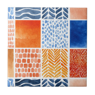 Carreau Motif de grille aquarelle vibrante en bleu et oran