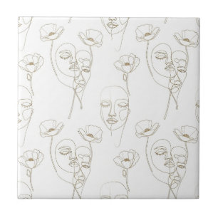 Carreau Motif de ligne de visage floral vintage noir et bl