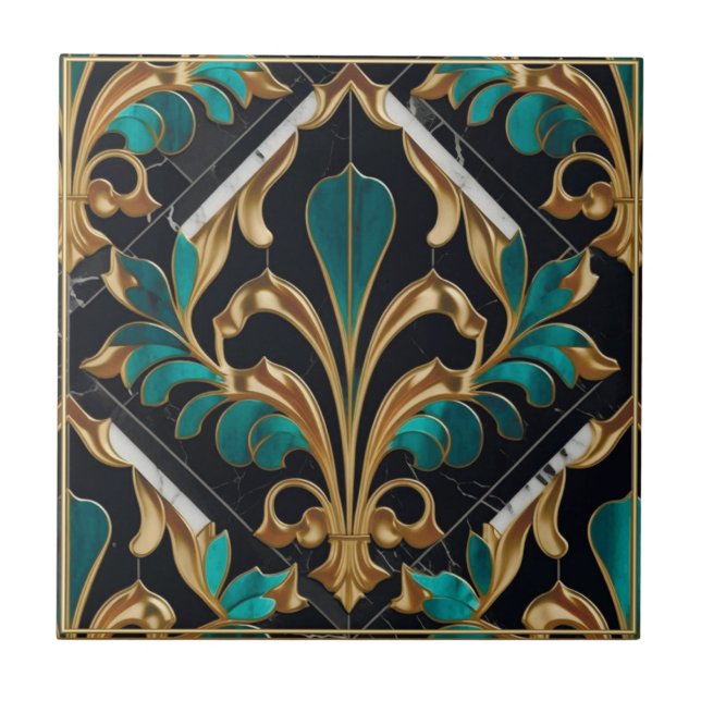 Carreau Motif de luxe Art déco de Malachite floral marbré (Devant)