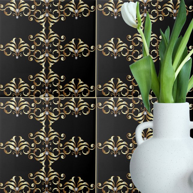 Carreau Motif de luxe Black Gold Damask et Gemstones (Créateur téléchargé)
