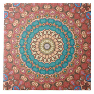 Carreau Motif de mandala géométrique Turquoise et Terracot