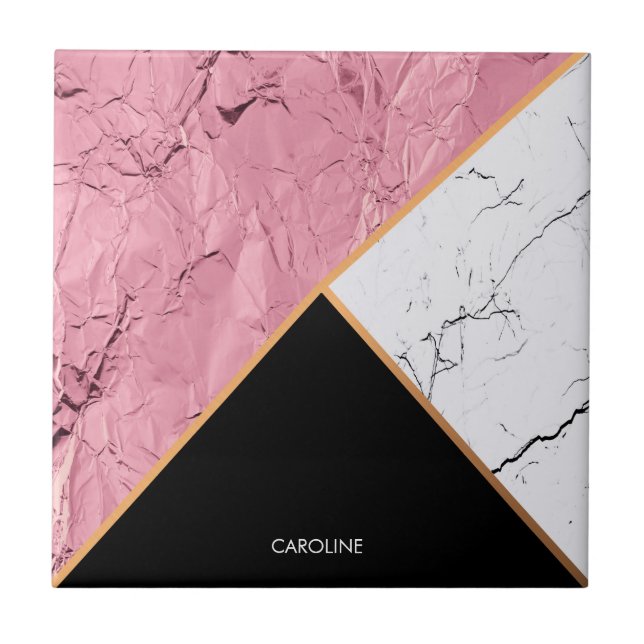 Carreau Motif de marbre noir et blanc d'or rose (Devant)