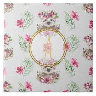Carreau Motif de monogramme de paresseux floral pour la ch