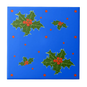 Carreau Motif de Noël Holly (Ilex) sur Festive Blue