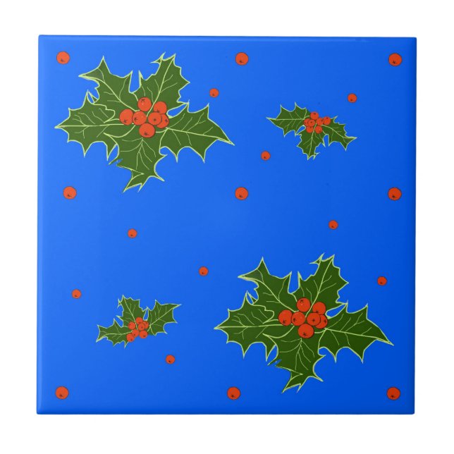 Carreau Motif de Noël Holly (Ilex) sur Festive Blue (Devant)