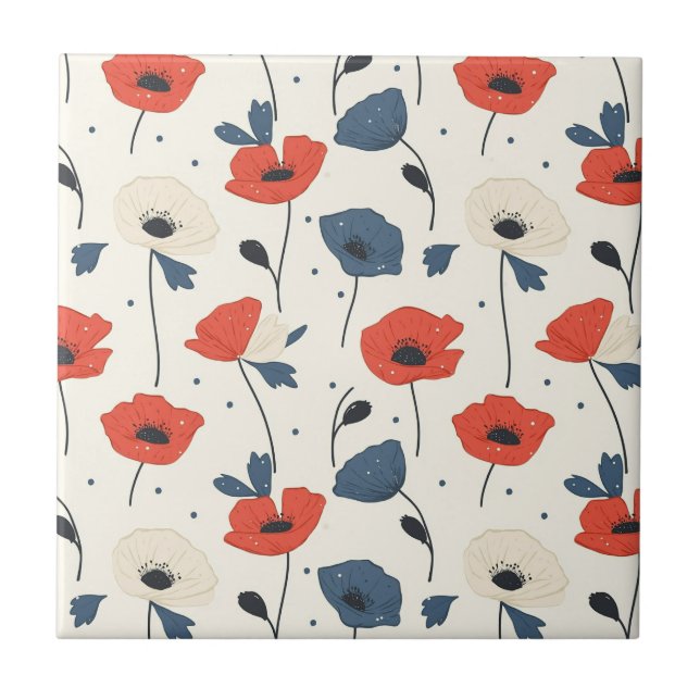 Carreau Motif de Poppies d'aquarelle - Rouge, Bleu et Blan (Devant)