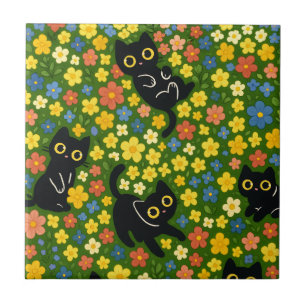 Carreau Motif de pré fleuri avec de jolis chats noirs