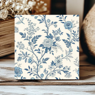 Carreau Motif de toile de Jouy florale française bleue