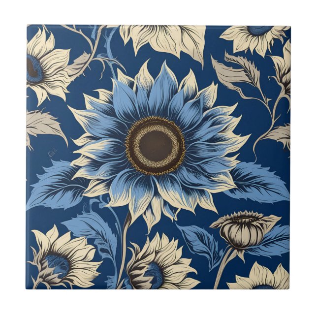 Carreau Motif de tournesol bleu vintage (Devant)