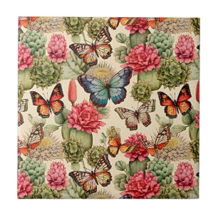 Carreau Motif d'été lumineux avec papillons et cactus