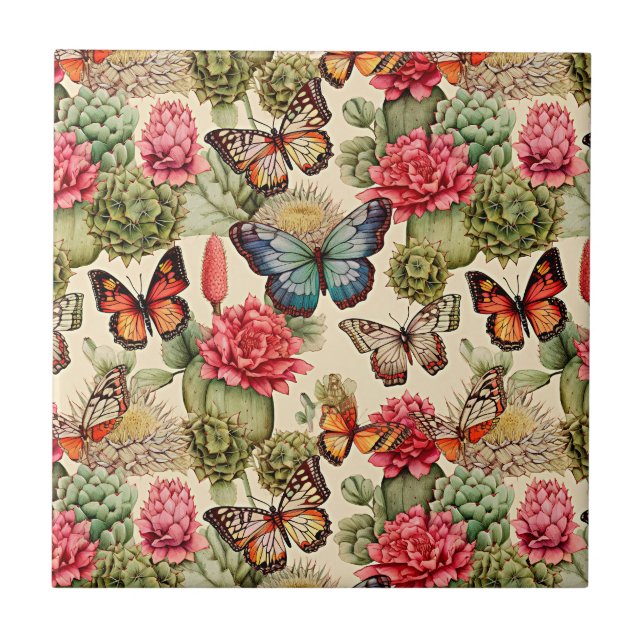 Carreau Motif d'été lumineux avec papillons et cactus (Devant)