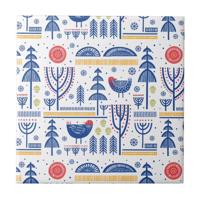 Carreau Motif d'oiseau d'hiver d'art populaire (Devant)