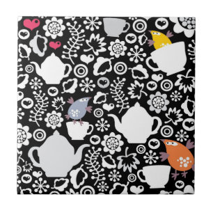 Carreau Motif d'oiseaux et de tasses