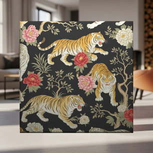 Carreau Motif élégant de chinoiserie noire avec tigre et p
