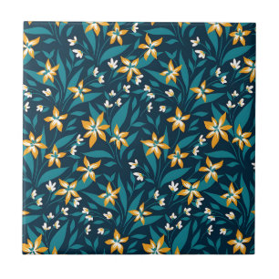 Carreau Motif élégant de fleurs jaunes sur feuilles vert f
