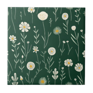 Carreau Motif élégant de fleurs sauvages sur fond vert fon
